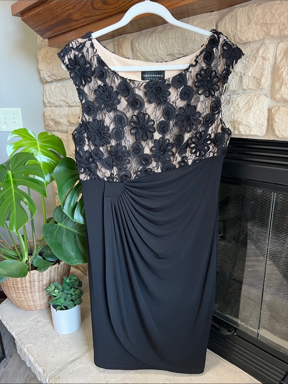 connected apparel Black Floral Lace Bodice Midi Dress with Nude Lining
